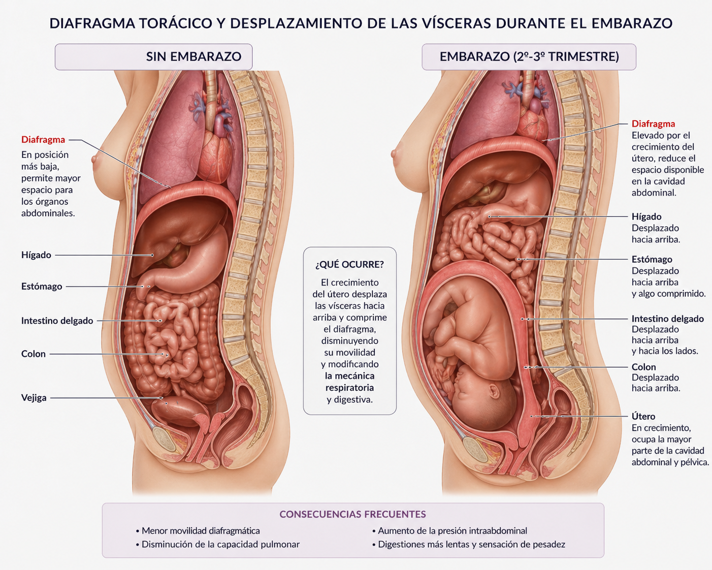 Cuando estos tres elementos —menos espacio, menor movilidad diafragmática y mayor distensión digestiva— coinciden, el sistema entra en una situación de mayor carga. 